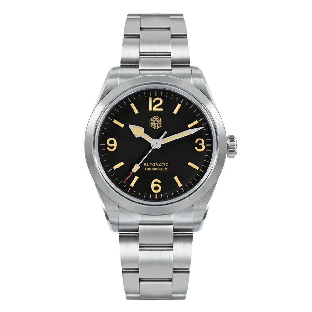 SN0107 · NH35A · plain black · 38 mm · silver color hands