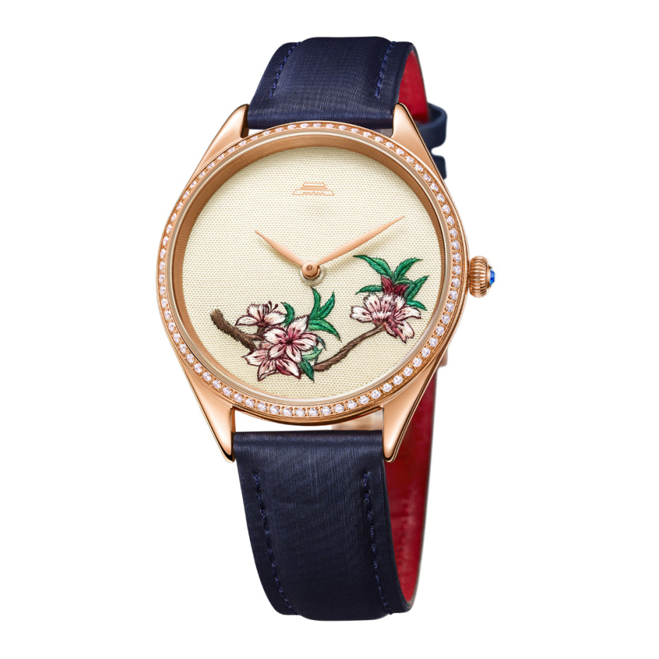 Sū Embroidery · Peach Blossom · cubic zirconia bezel