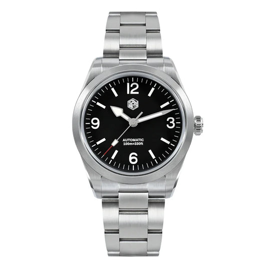 SN0107 · NH35A · plain black · 38 mm · silver color hands