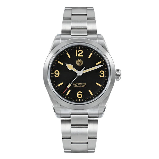 SN0107 · NH35A · plain black · 38 mm · silver color hands