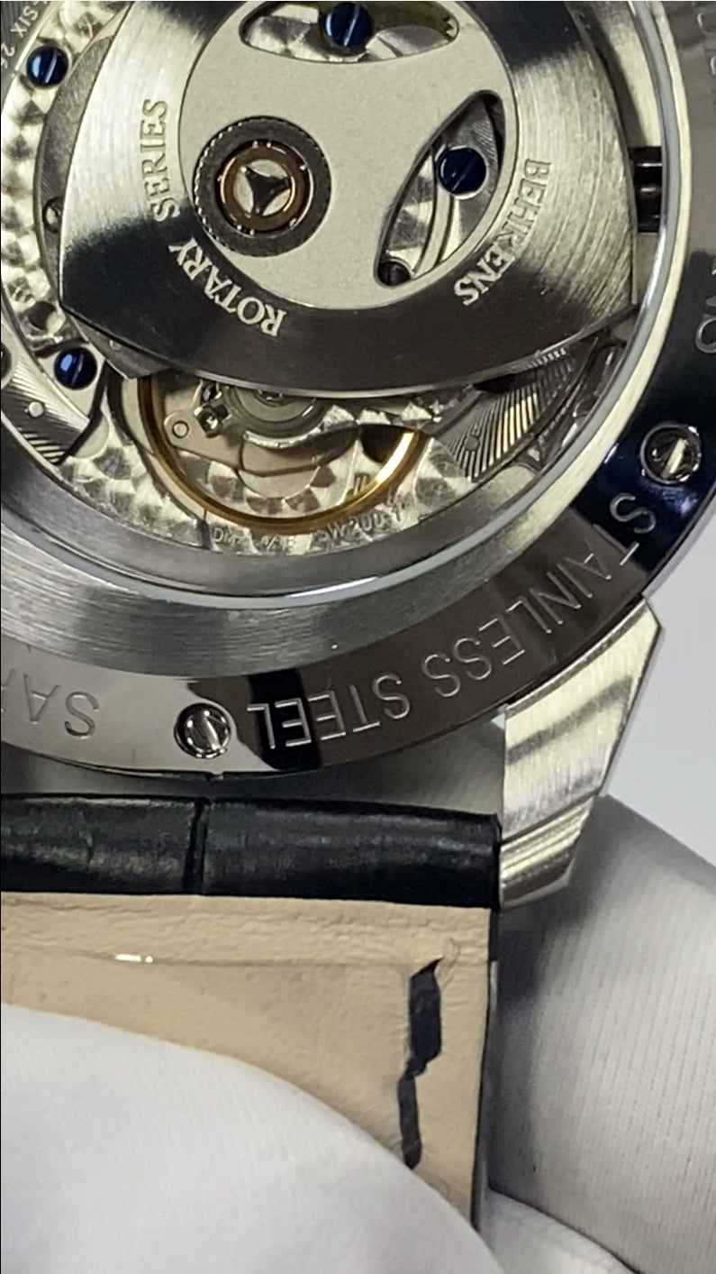 Rotary · black dial · leather strap
