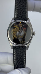 Rooster · Fú 福 · Qiāng Jīn gold-inlay lacquer dial
