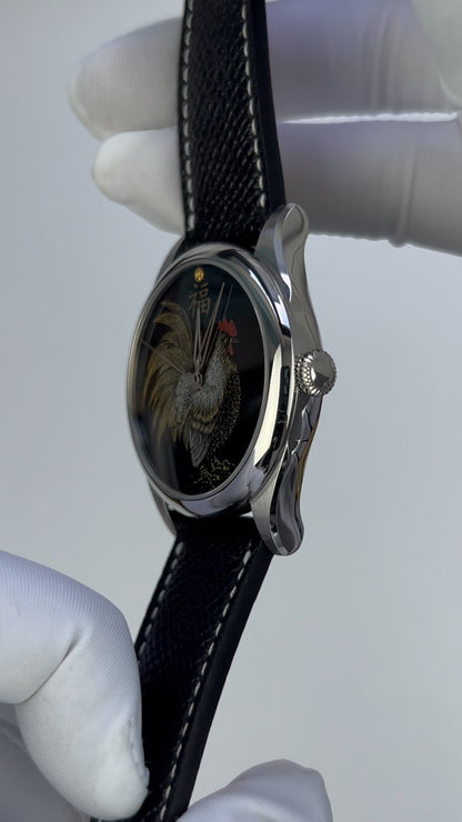 Rooster · Fú 福 · Qiangjin gold-inlay lacquer dial