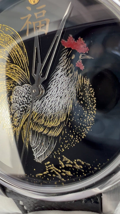 Rooster · Fú 福 · Qiangjin gold-inlay lacquer dial